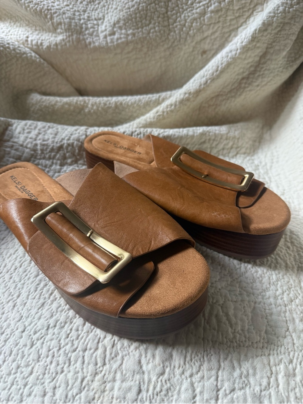 Kelsi Dagger Brooklyn Cognac Leather Buckle Platform Slide Sandals Size 8.5